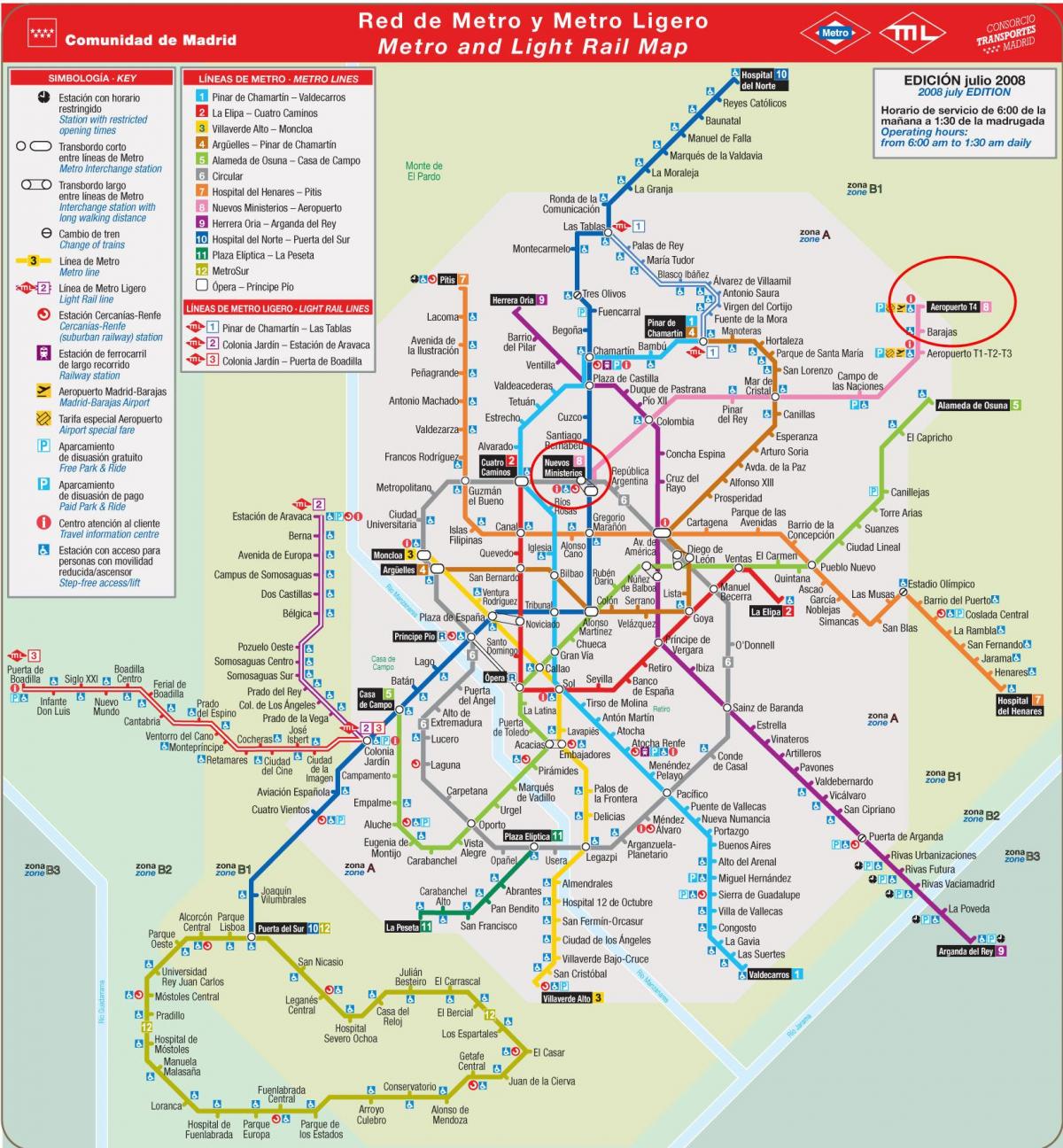 Madrilgo metroaren mapa aireportua